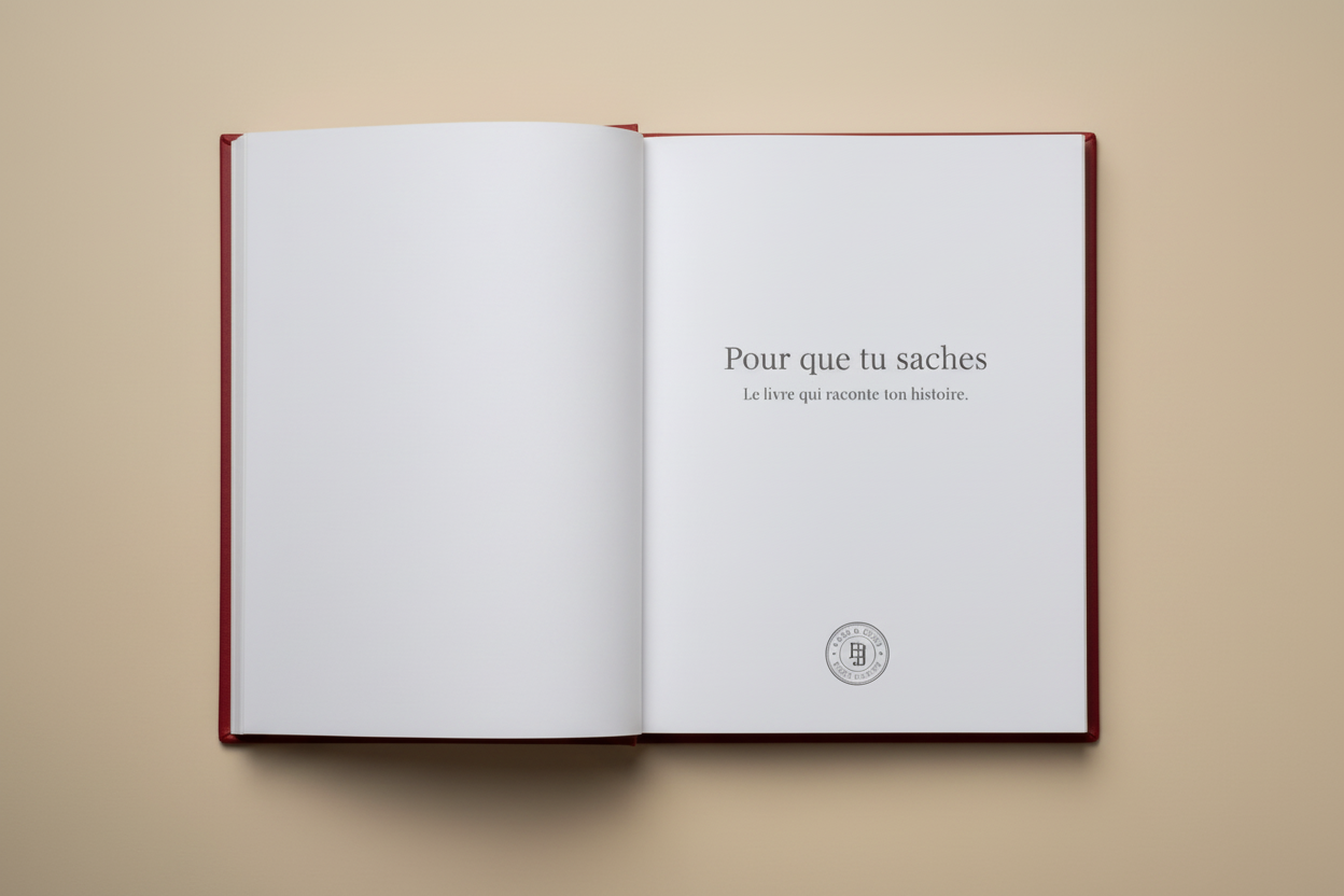 Journal guidé relié main Pour que tu saches - Édition Deluxe Lin Rouge- livre ouvert sur titre - Bass & Jude Collection